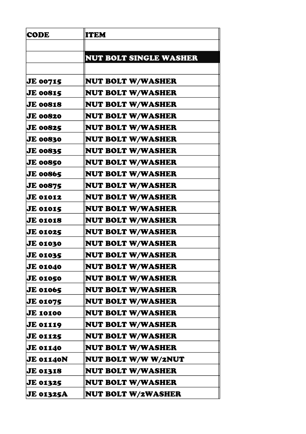 Code Item Nut Bolt Single Washer Je 00715 Nut Bolt W/Washer Je 00815 Nut Bolt W/Washer Je 00818 Nut Bolt W/Washer Je 00820 Nut B