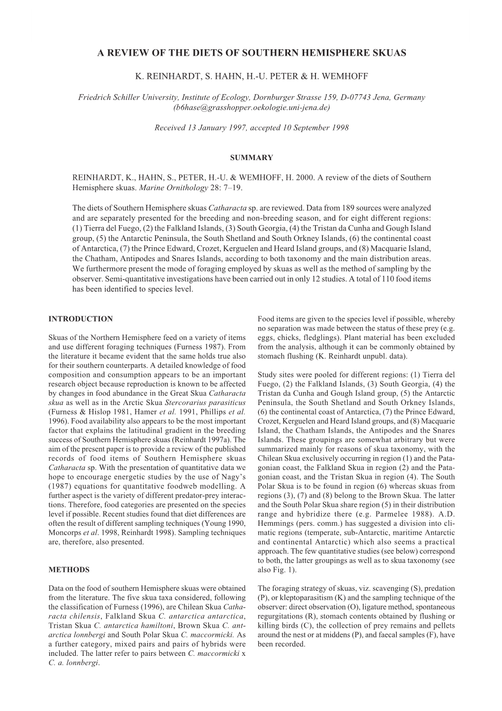 A Review of the Diets of Southern Hemisphere Skuas