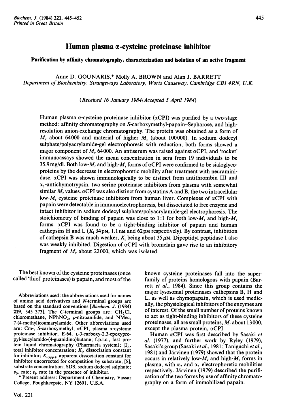 Human Plasma A-Cysteine Proteinase Inhibitor Purification by Affinity Chromatography, Characterization and Isolation of an Active Fragment