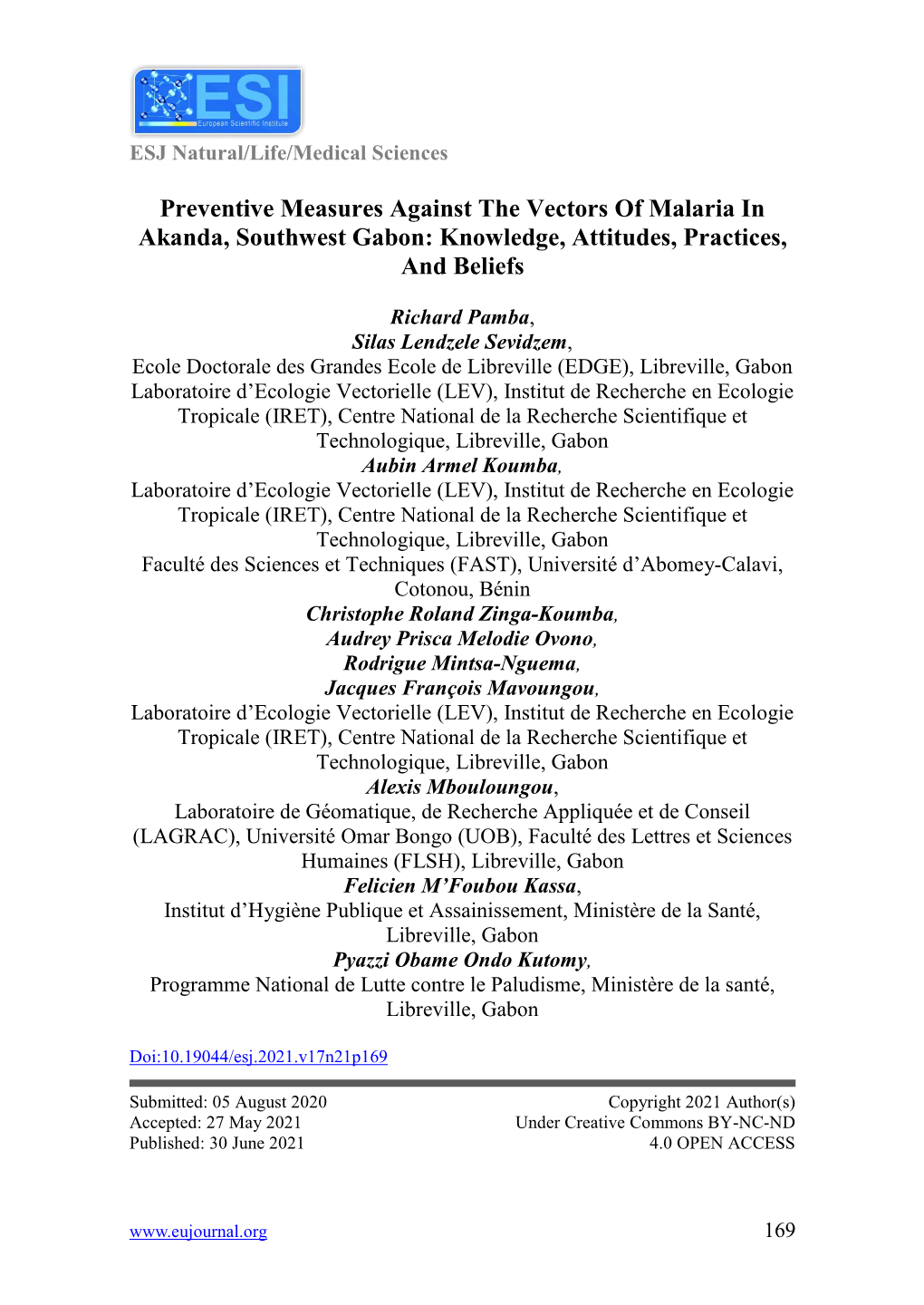 Preventive Measures Against the Vectors of Malaria in Akanda, Southwest Gabon: Knowledge, Attitudes, Practices, and Beliefs