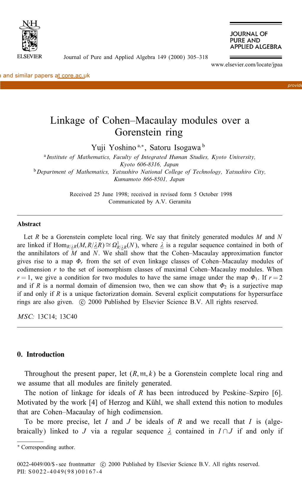 Linkage of Cohen–Macaulay Modules Over a Gorenstein Ring