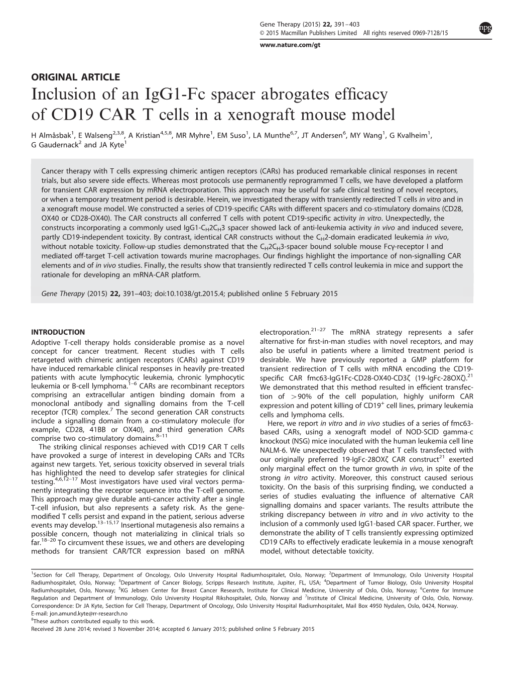 Inclusion of an Igg1-Fc Spacer Abrogates Efficacy of CD19 CAR T