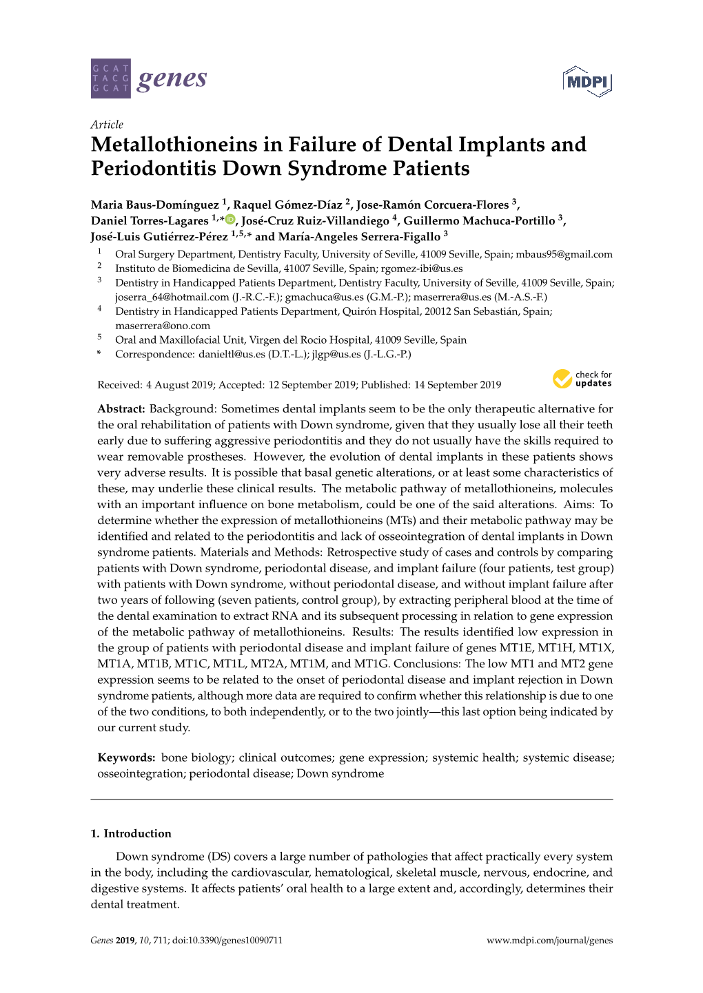 Metallothioneins in Failure of Dental Implants and Periodontitis Down Syndrome Patients