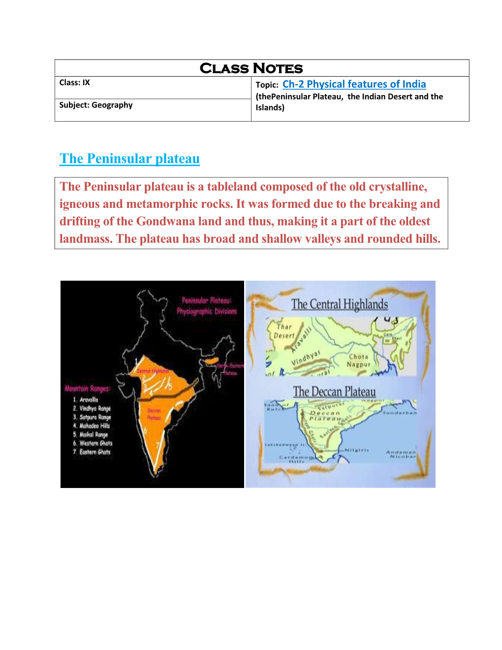 Class Notes the Peninsular Plateau