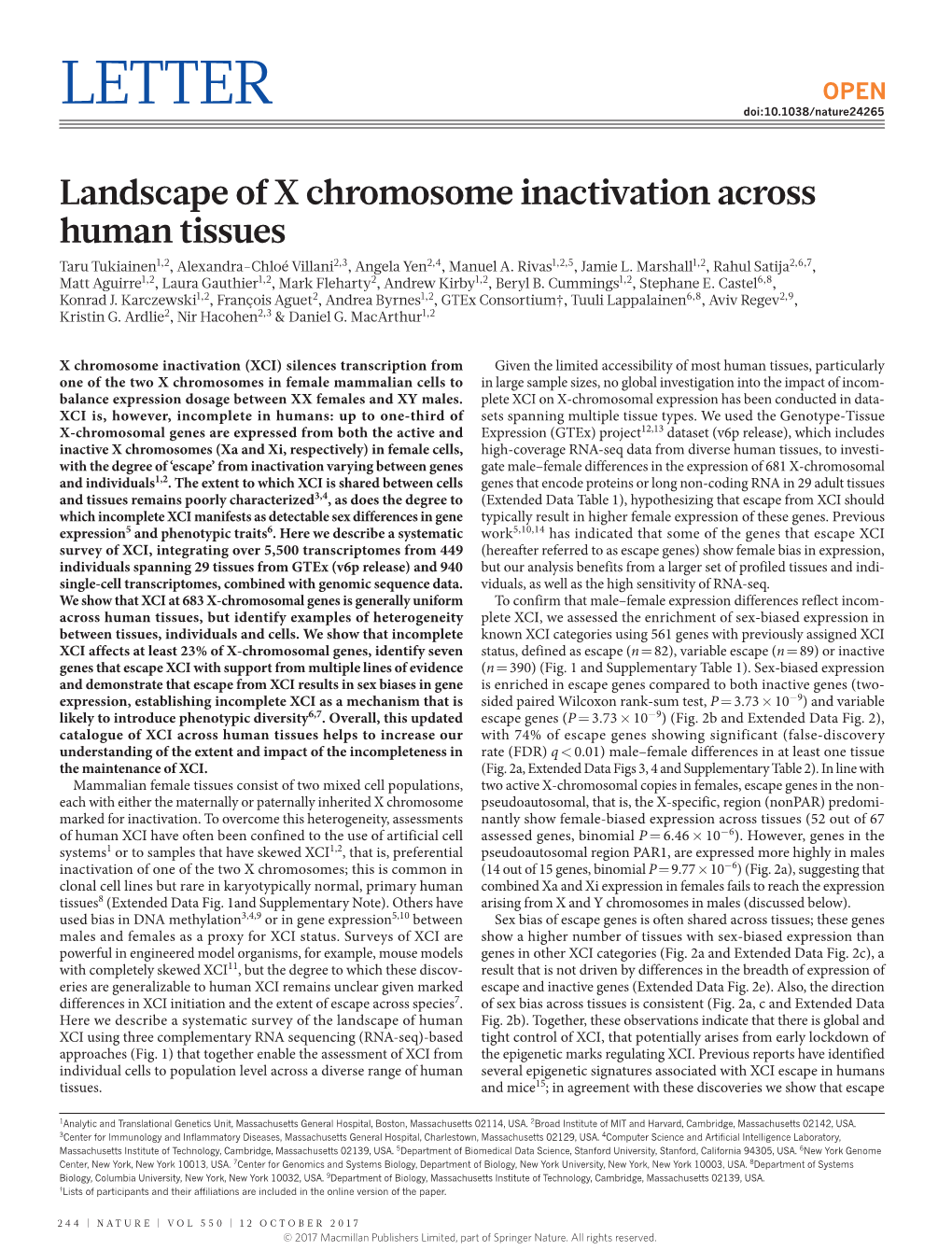 Landscape of X Chromosome Inactivation Across Human Tissues Taru Tukiainen1,2, Alexandra-Chloé Villani2,3, Angela Yen2,4, Manuel A