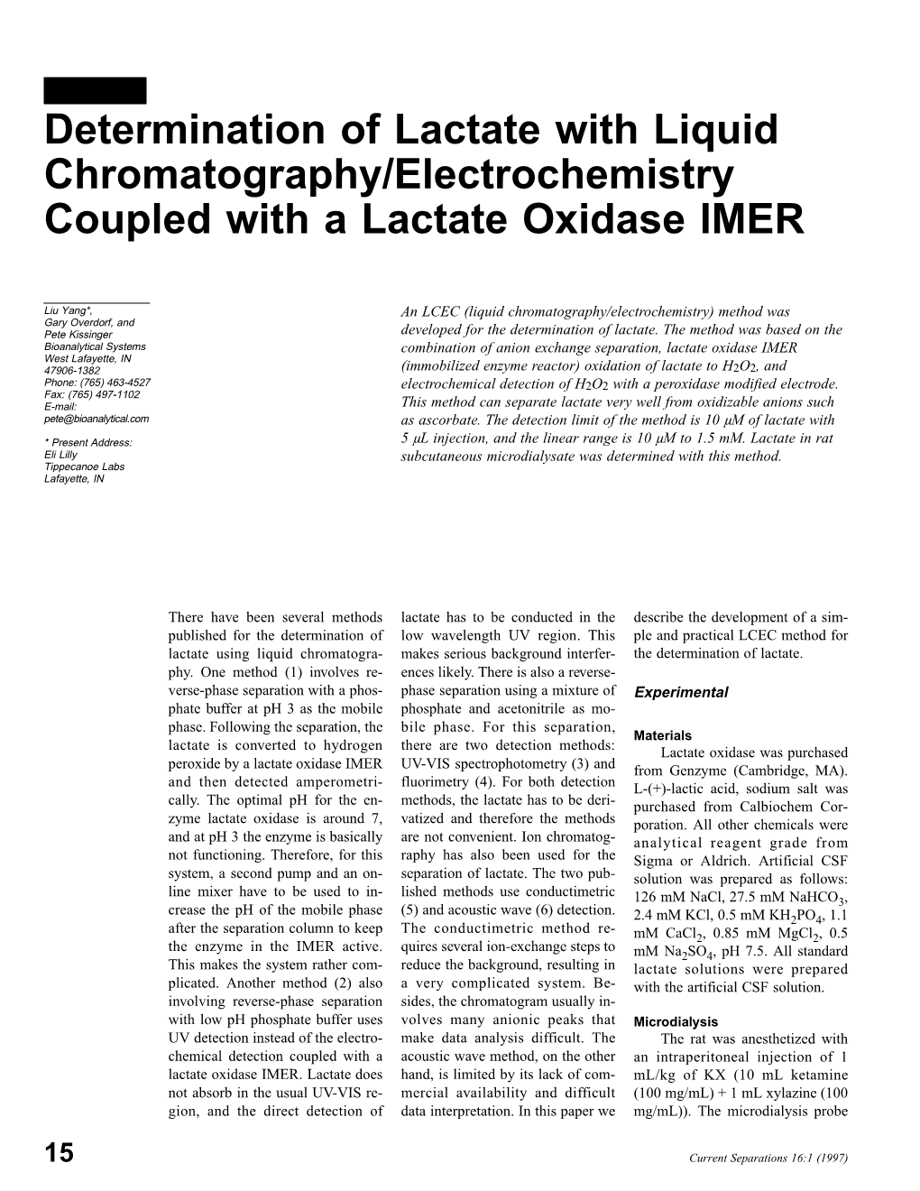 Determination of Lactate with Liquid Chromatography/Electrochemistry Coupled with a Lactate Oxidase IMER