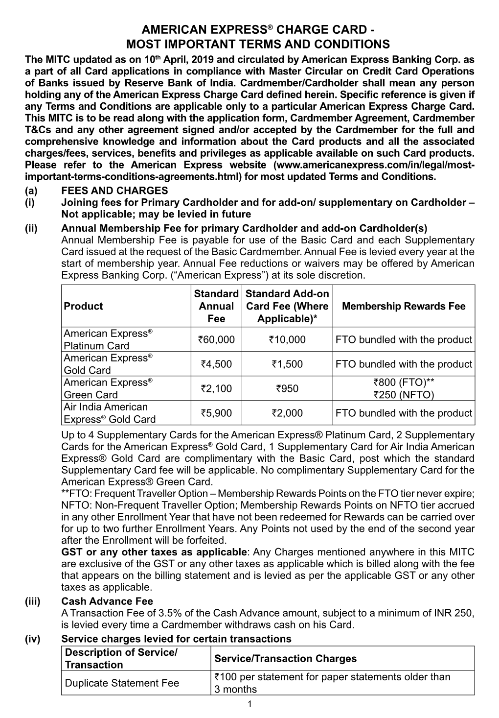 AMERICAN EXPRESS® CHARGE CARD - MOST IMPORTANT TERMS and CONDITIONS the MITC Updated As on 10Th April, 2019 and Circulated by American Express Banking Corp