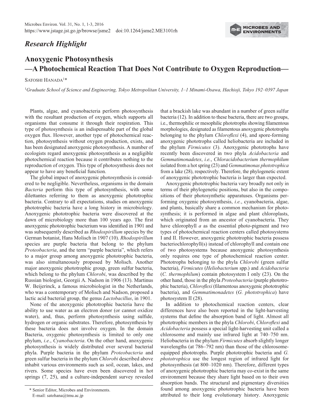 Research Highlight Anoxygenic Photosynthesis —A Photochemical Reaction That Does Not Contribute to Oxygen Reproduction—