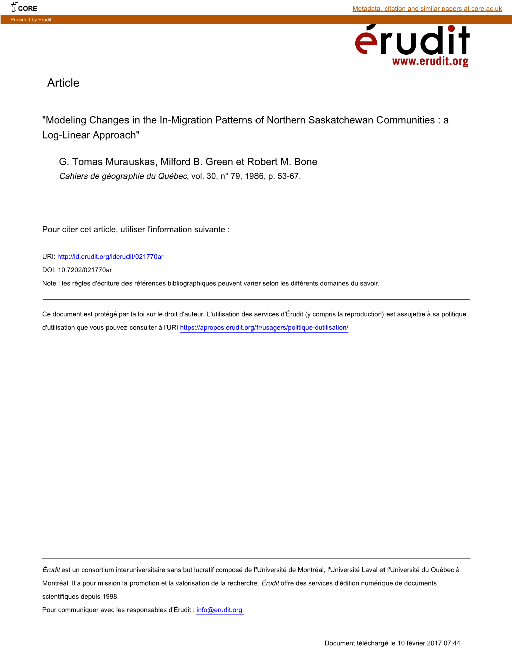 Modeling Changes in the In-Migration Patterns of Northern Saskatchewan Communities : a Log-Linear Approach"