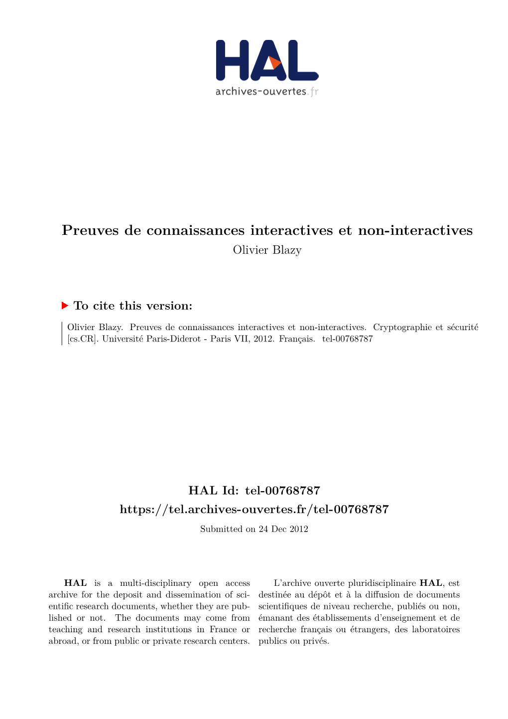 Preuves De Connaissances Interactives Et Non-Interactives Olivier Blazy