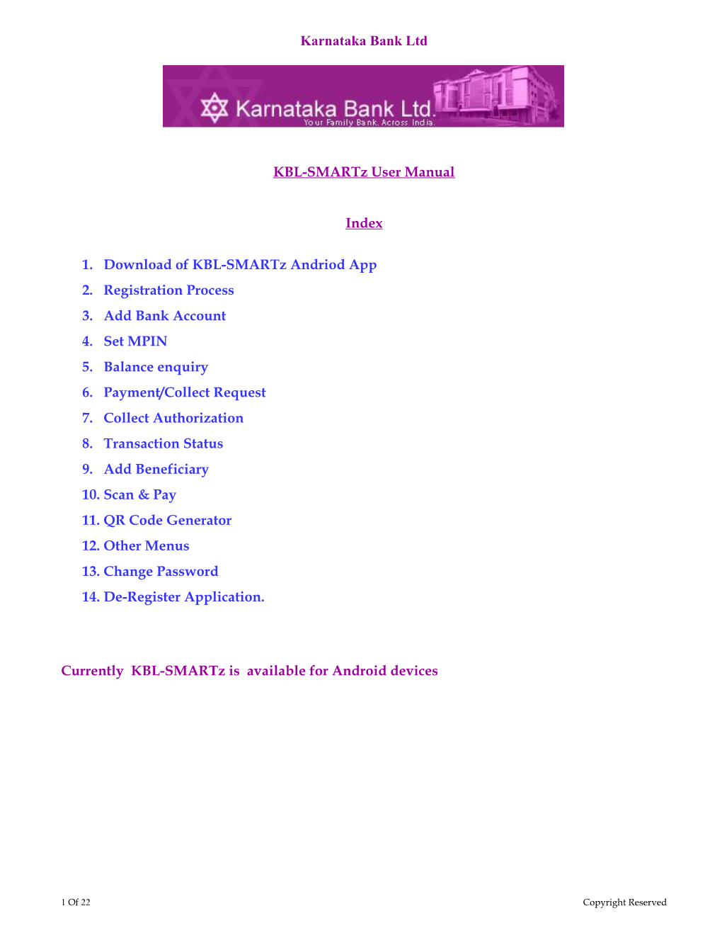 Karnataka Bank Ltd KBL-Smartz User Manual Index