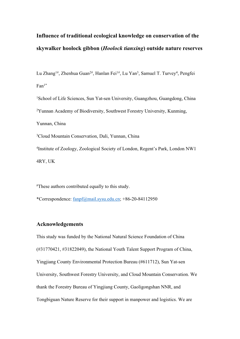 Influence of Traditional Ecological Knowledge on Conservation of the Skywalker Hoolock Gibbon (Hoolock Tianxing) Outside Nature Reserves