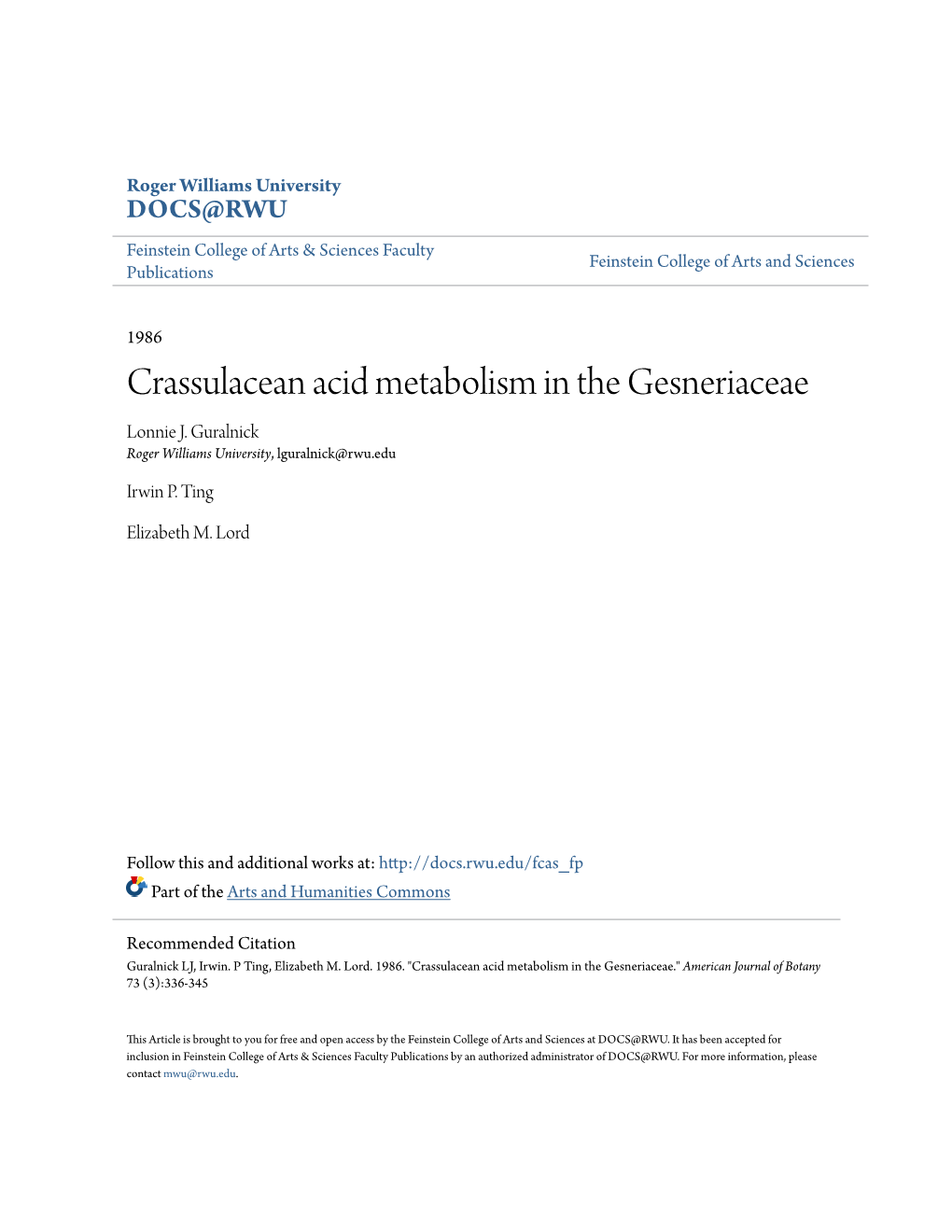 Crassulacean Acid Metabolism in the Gesneriaceae Lonnie J