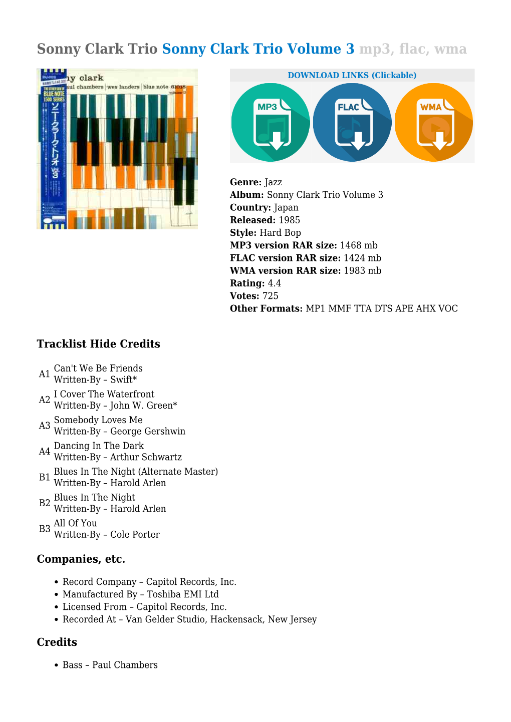 Sonny Clark Trio Sonny Clark Trio Volume 3 Mp3, Flac, Wma