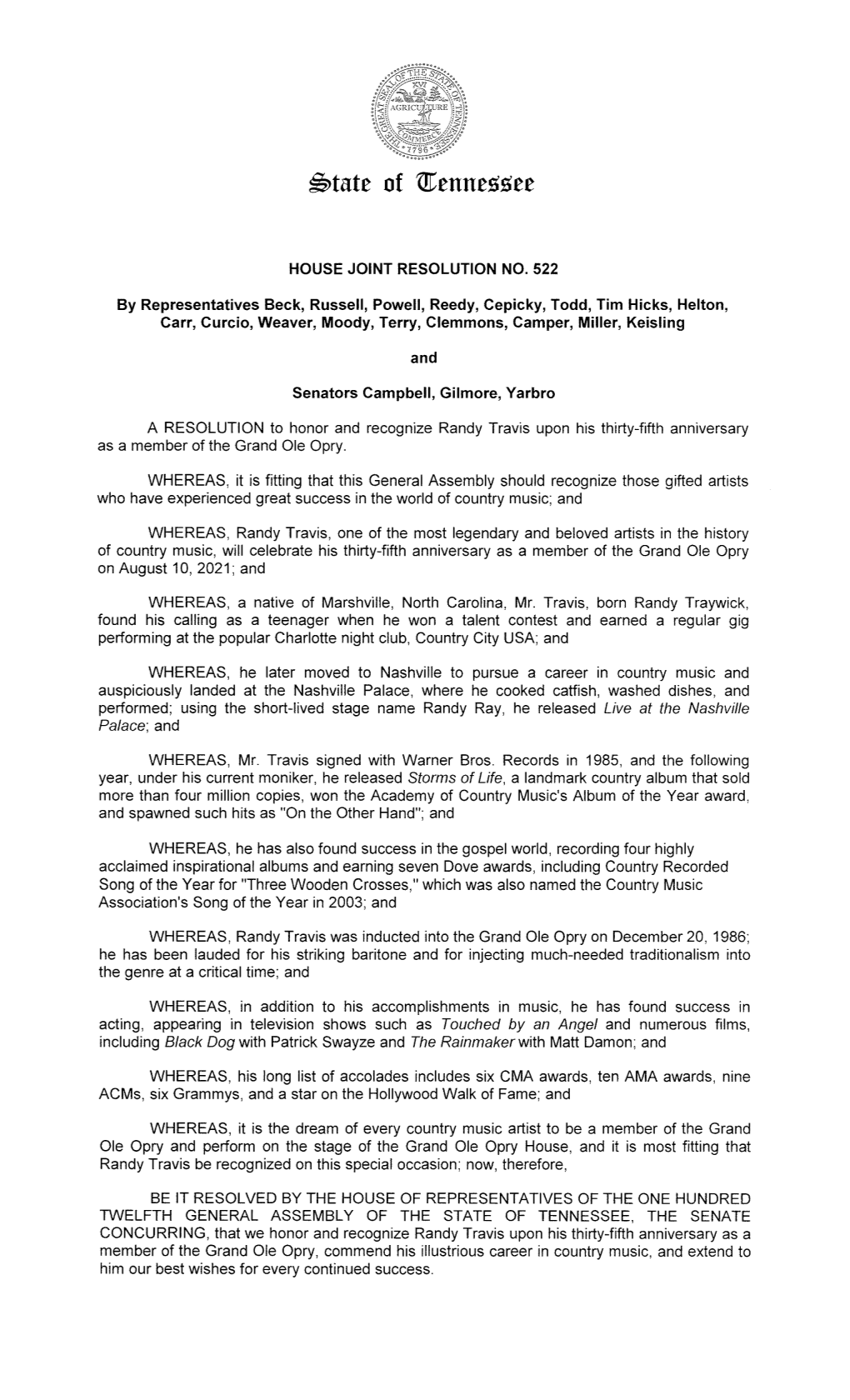 HOUSE JOINT RESOLUTION NO. 522 by Representatives Beck, Russell