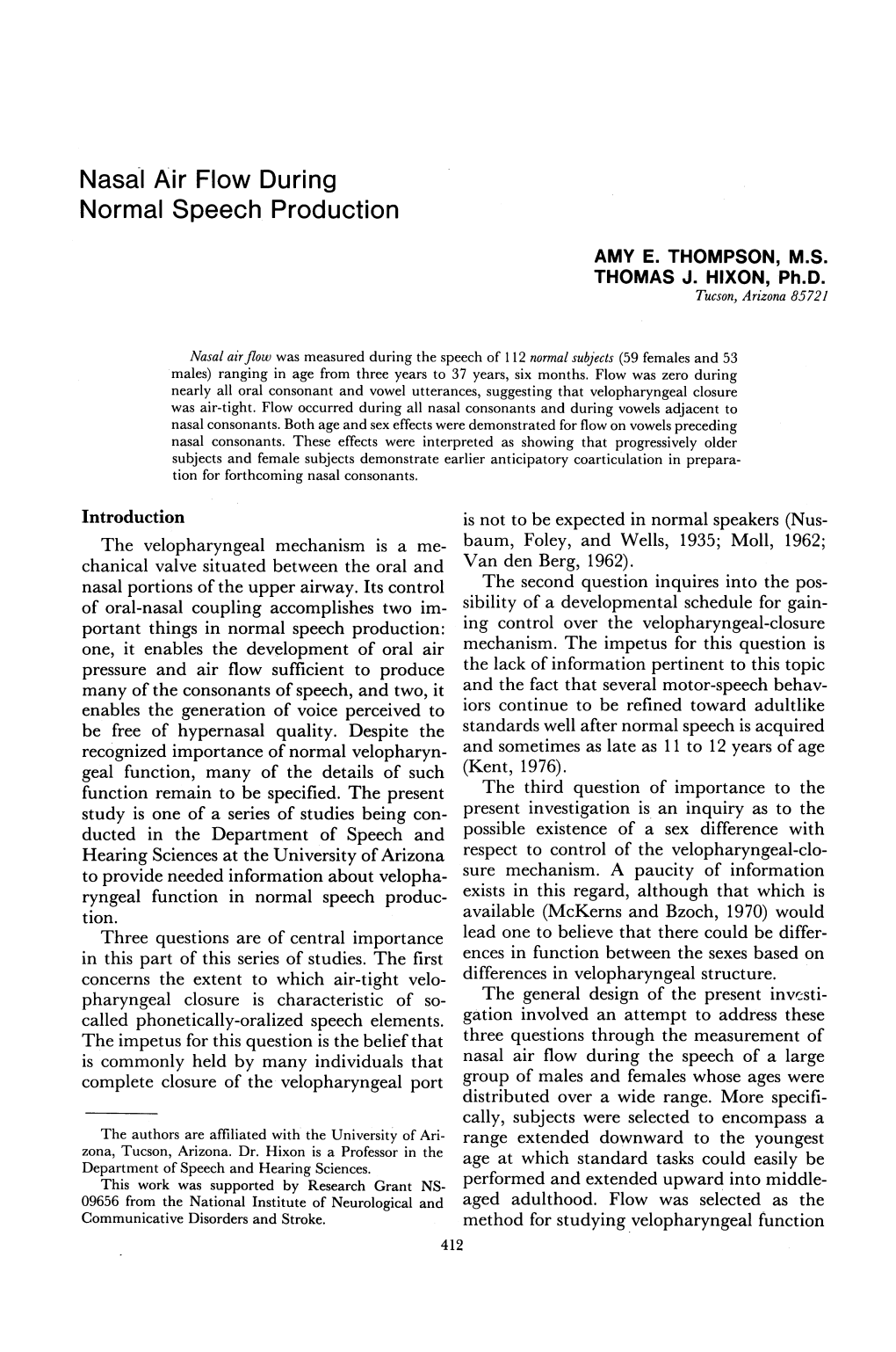 Nasal Air Flow During Normal Speech Production AMY E. THOMPSON