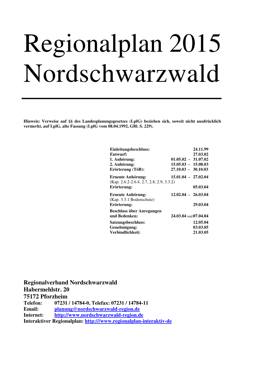 Regionalplan 2015 Nordschwarzwald