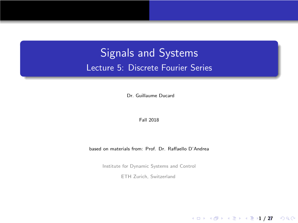 Signals and Systems Lecture 5: Discrete Fourier Series