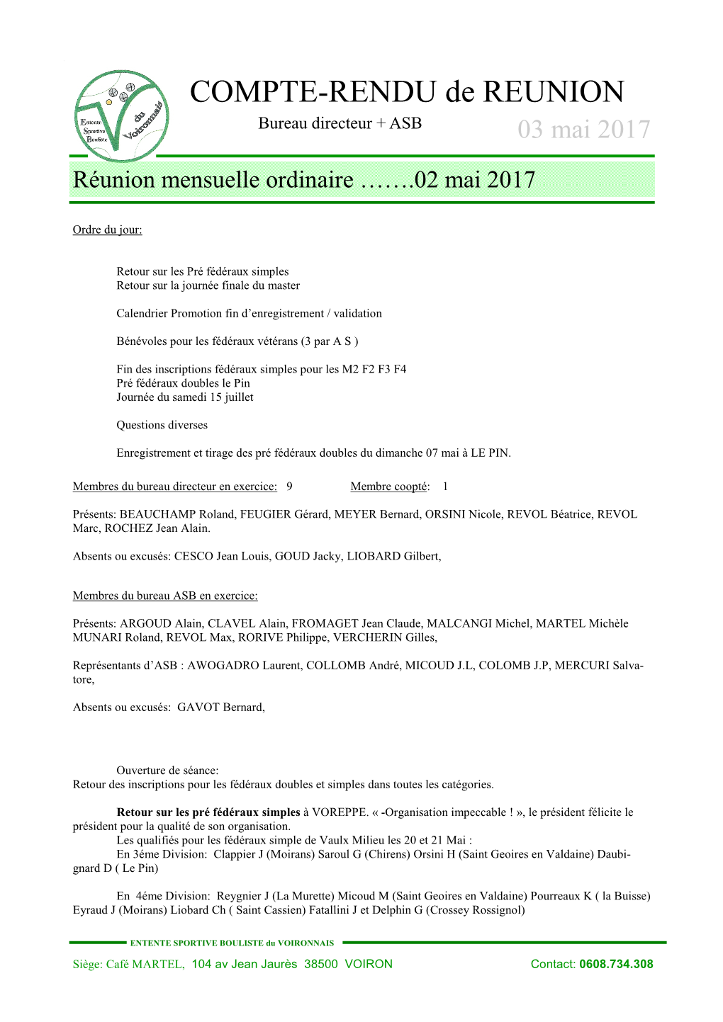 COMPTE-RENDU De REUNION Bureau Directeur + ASB 03 Mai 2017