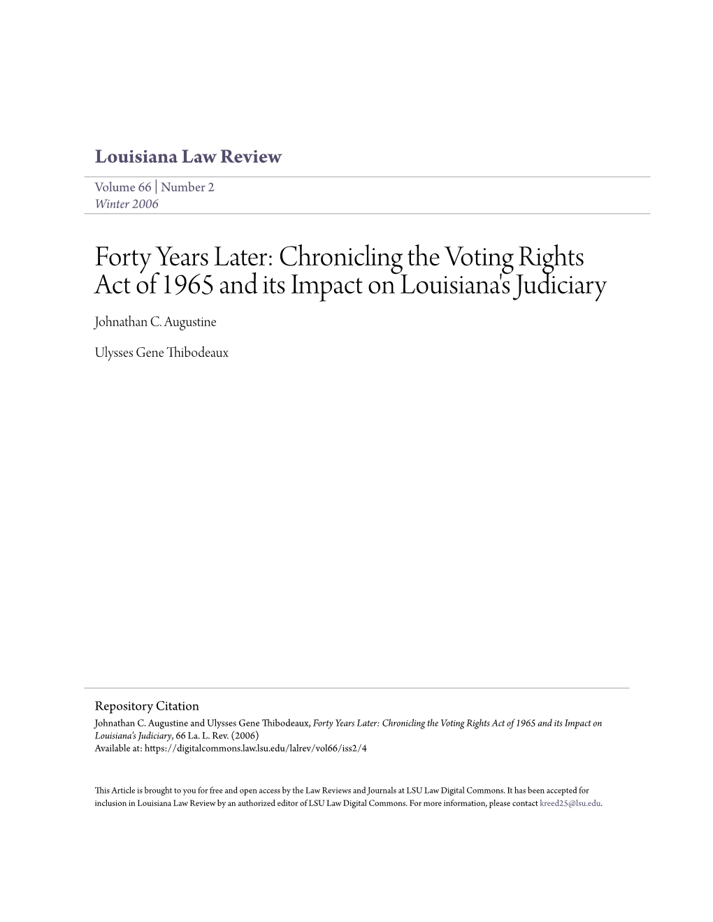 Chronicling the Voting Rights Act of 1965 and Its Impact on Louisiana's Judiciary Johnathan C