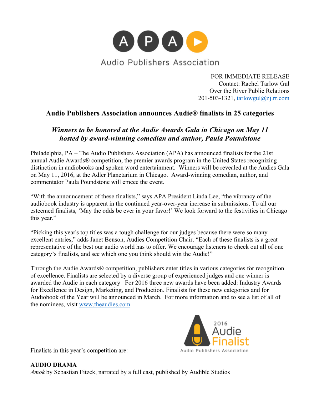 Audio Publishers Association Announces Audie® Finalists in 25 Categories