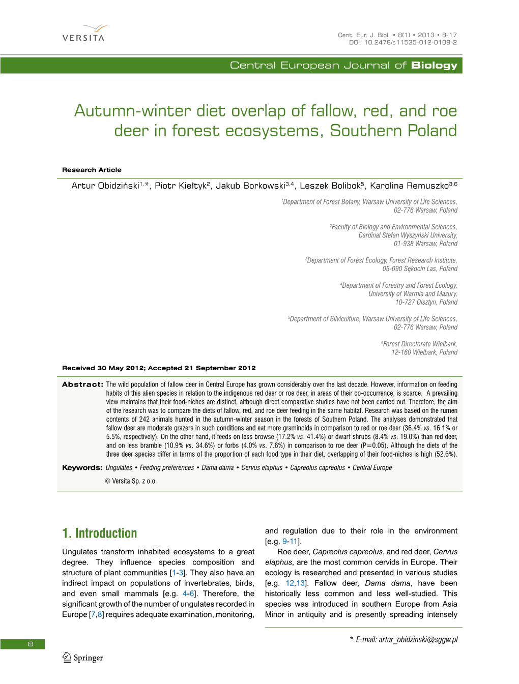 Autumn-Winter Diet Overlap of Fallow, Red, and Roe Deer in Forest Ecosystems, Southern Poland