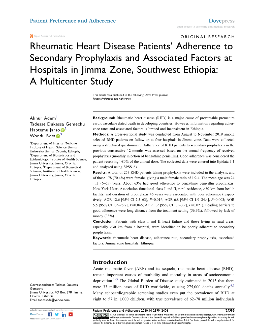 Rheumatic Heart Disease Patients' Adherence to Secondary