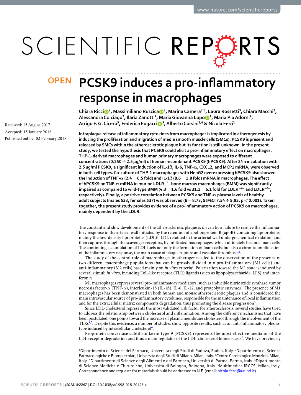 PCSK9 Induces a Pro-Inflammatory Response in Macrophages