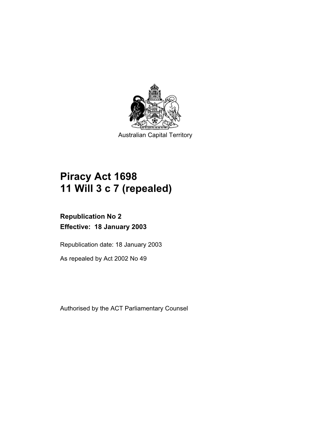 Piracy Act 1698 11 Will 3 C 7 (Repealed)
