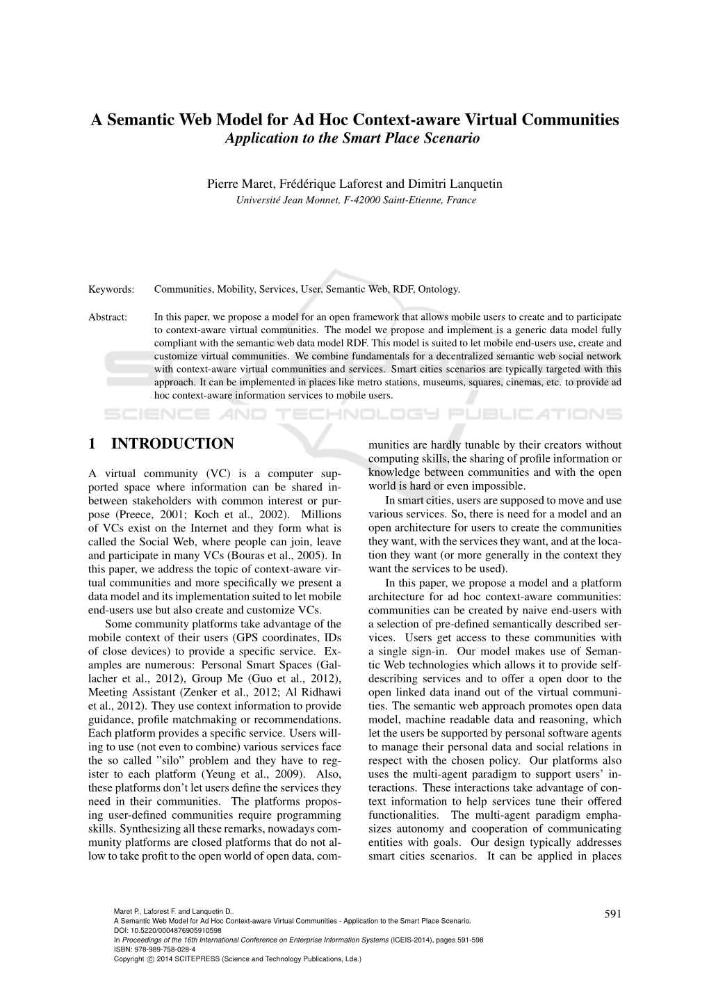 A Semantic Web Model for Ad Hoc Context-Aware Virtual Communities Application to the Smart Place Scenario