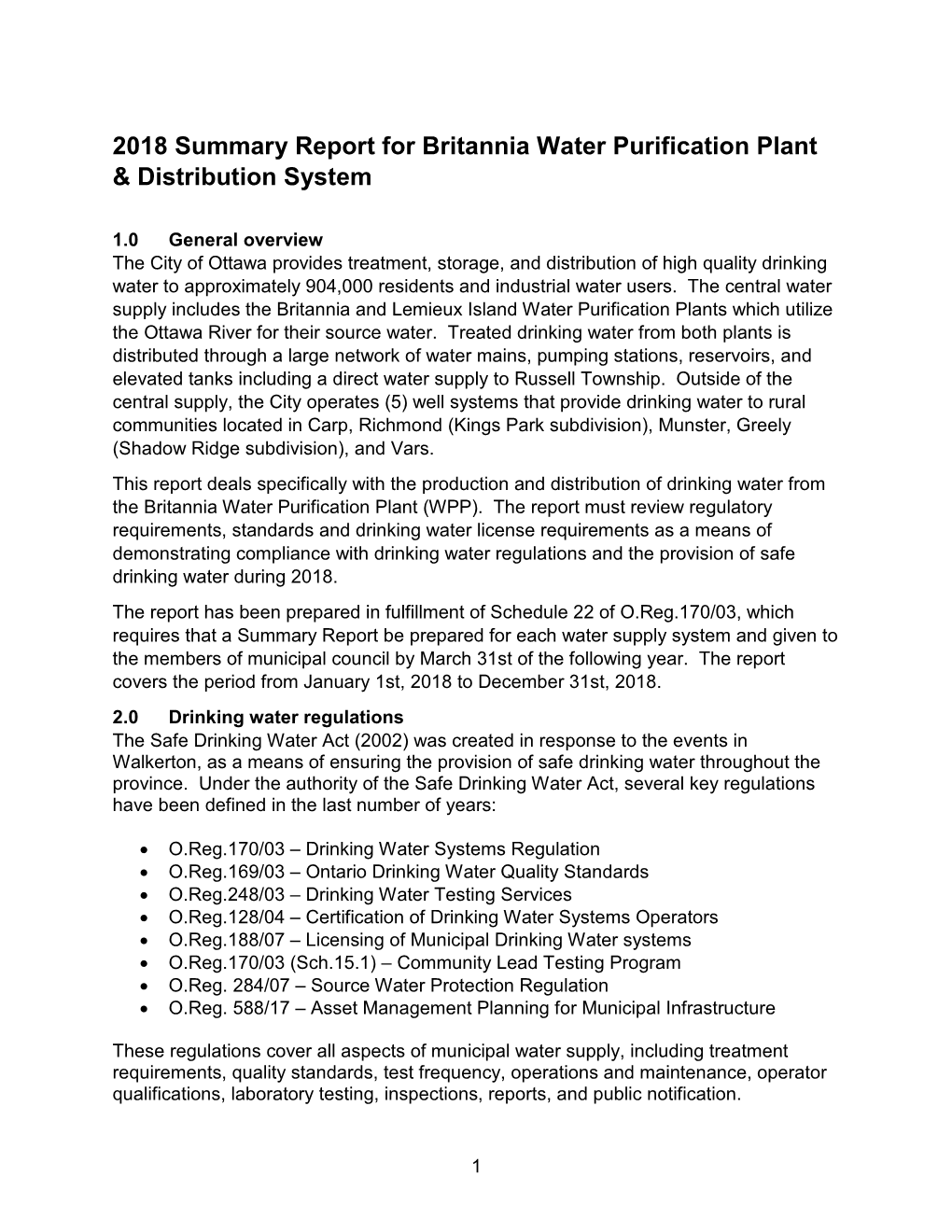 2018 Summary Report for Britannia Water Purification Plant & Distribution System