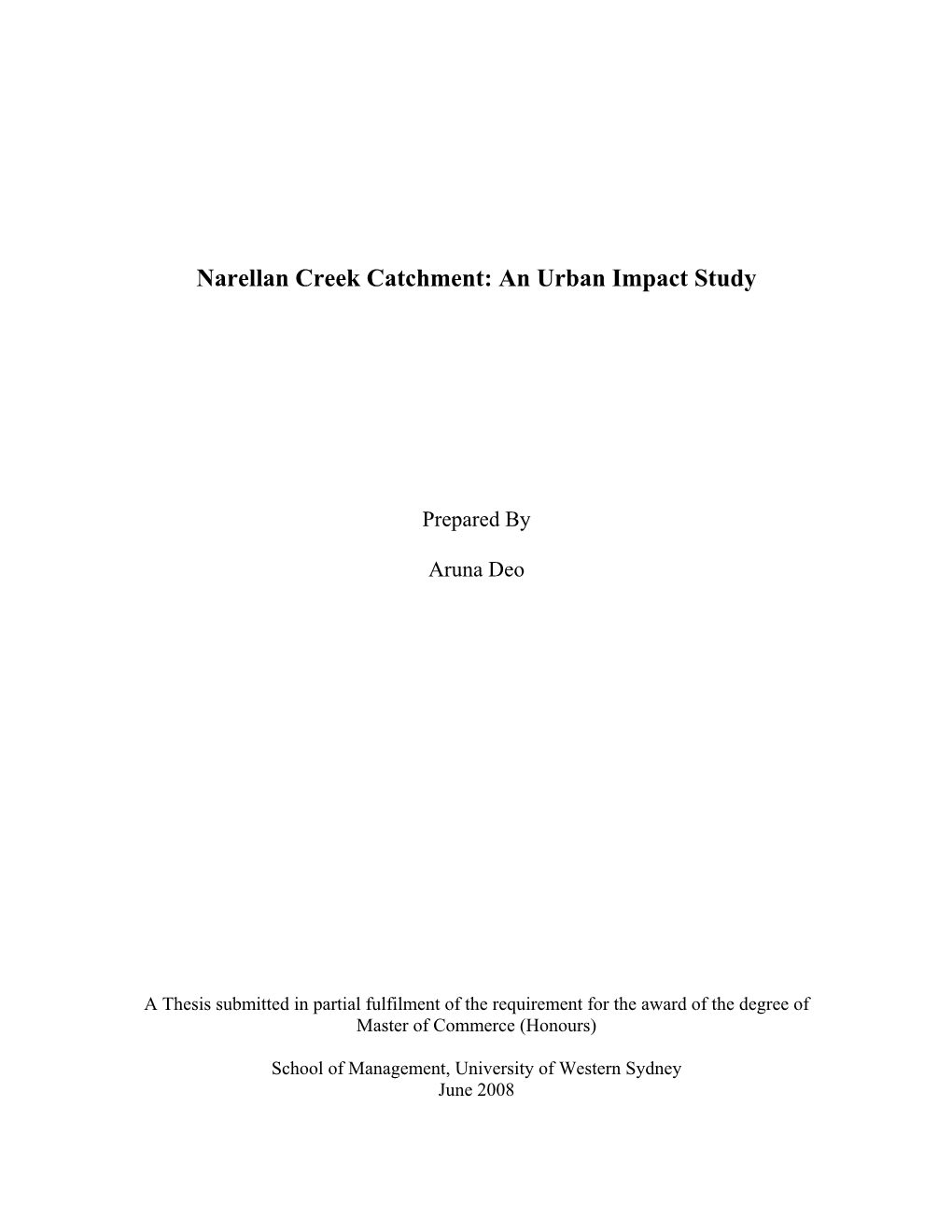 Narellan Creek Catchment: an Urban Impact Study