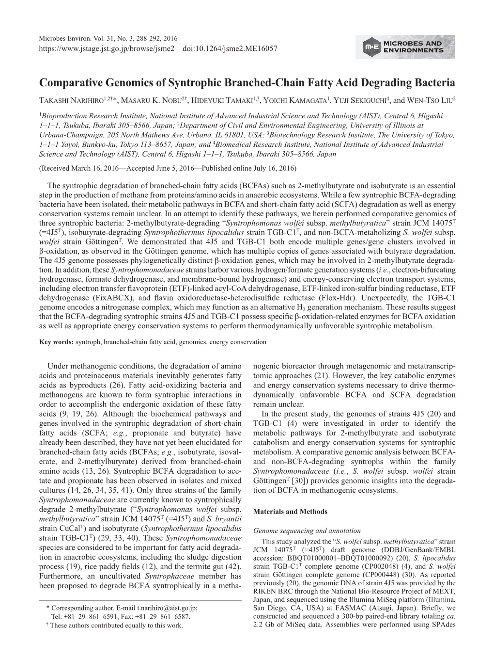 Comparative Genomics of Syntrophic Branched-Chain Fatty Acid Degrading Bacteria