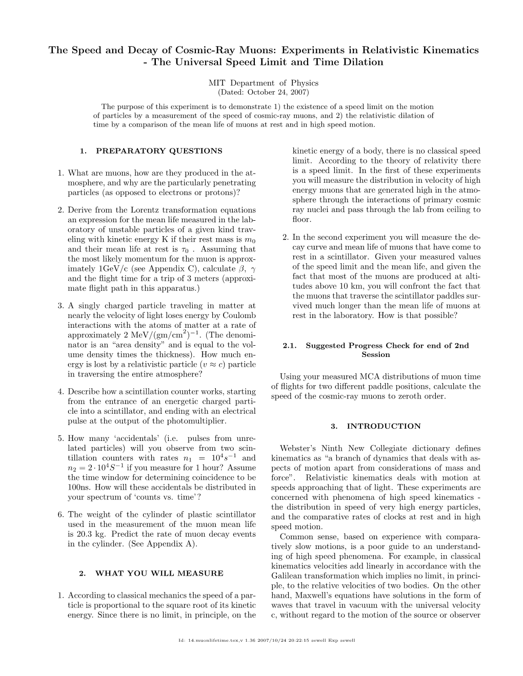 The Speed and Decay of Cosmic-Ray Muons: Experiments in Relativistic Kinematics - the Universal Speed Limit and Time Dilation