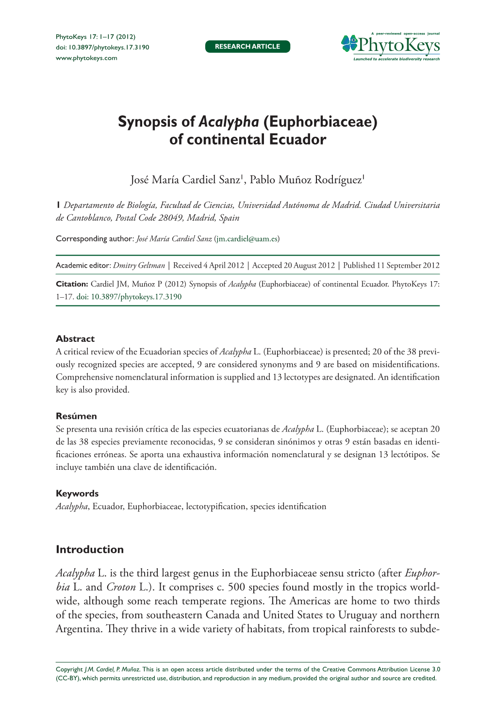 Euphorbiaceae) of Continental Ecuador 1 Doi: 10.3897/Phytokeys.17.3190 Research Article Launched to Accelerate Biodiversity Research