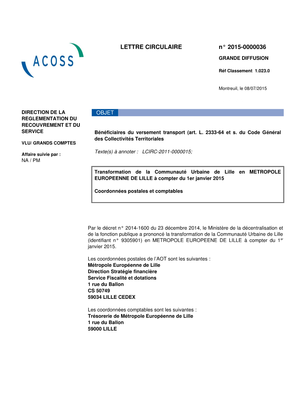 LETTRE CIRCULAIRE N° 20150000036