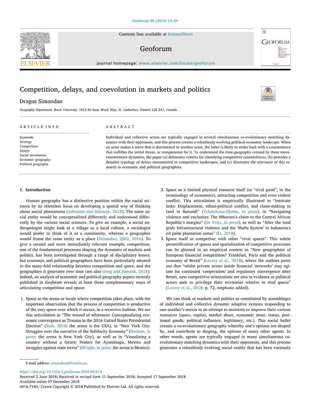 Competition, Delays, and Coevolution in Markets and Politics T Dragos Simandan