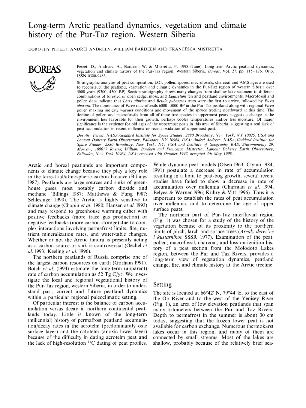 Long-Term Arctic Peatland Dynamics, Vegetation and Climate History of the Pur-Taz Region, Western Siberia