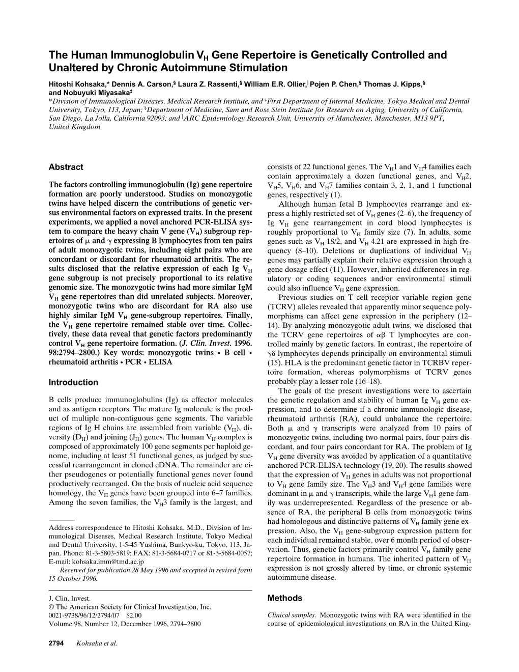 The Human Immunoglobulin VH Gene Repertoire Is Genetically Controlled and Unaltered by Chronic Autoimmune Stimulation