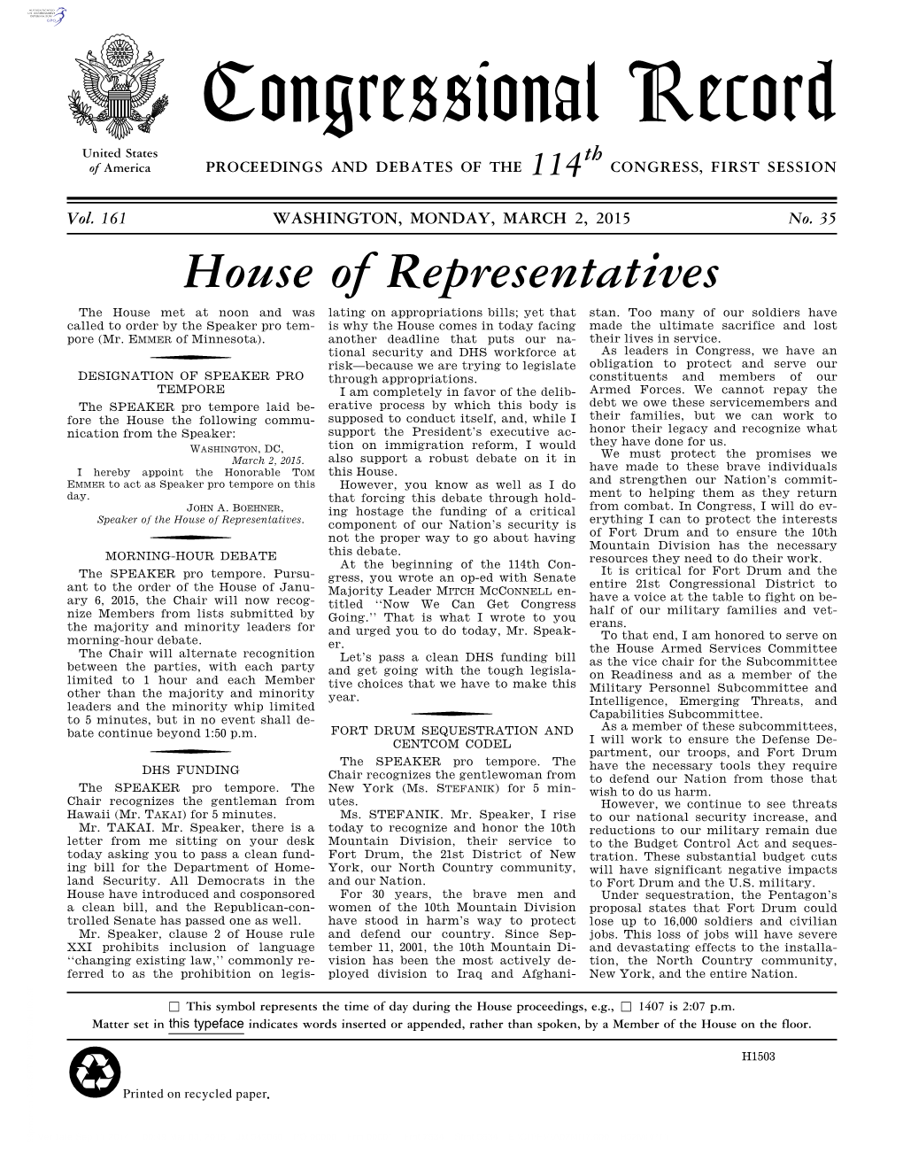 Congressional Record United States Th of America PROCEEDINGS and DEBATES of the 114 CONGRESS, FIRST SESSION