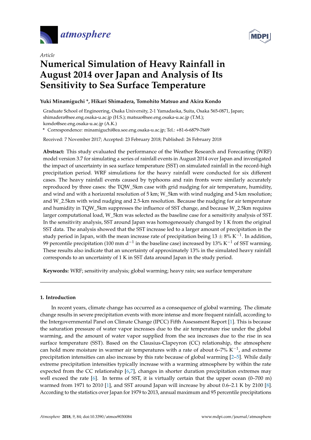 Numerical Simulation of Heavy Rainfall in August 2014 Over Japan and Analysis of Its Sensitivity to Sea Surface Temperature