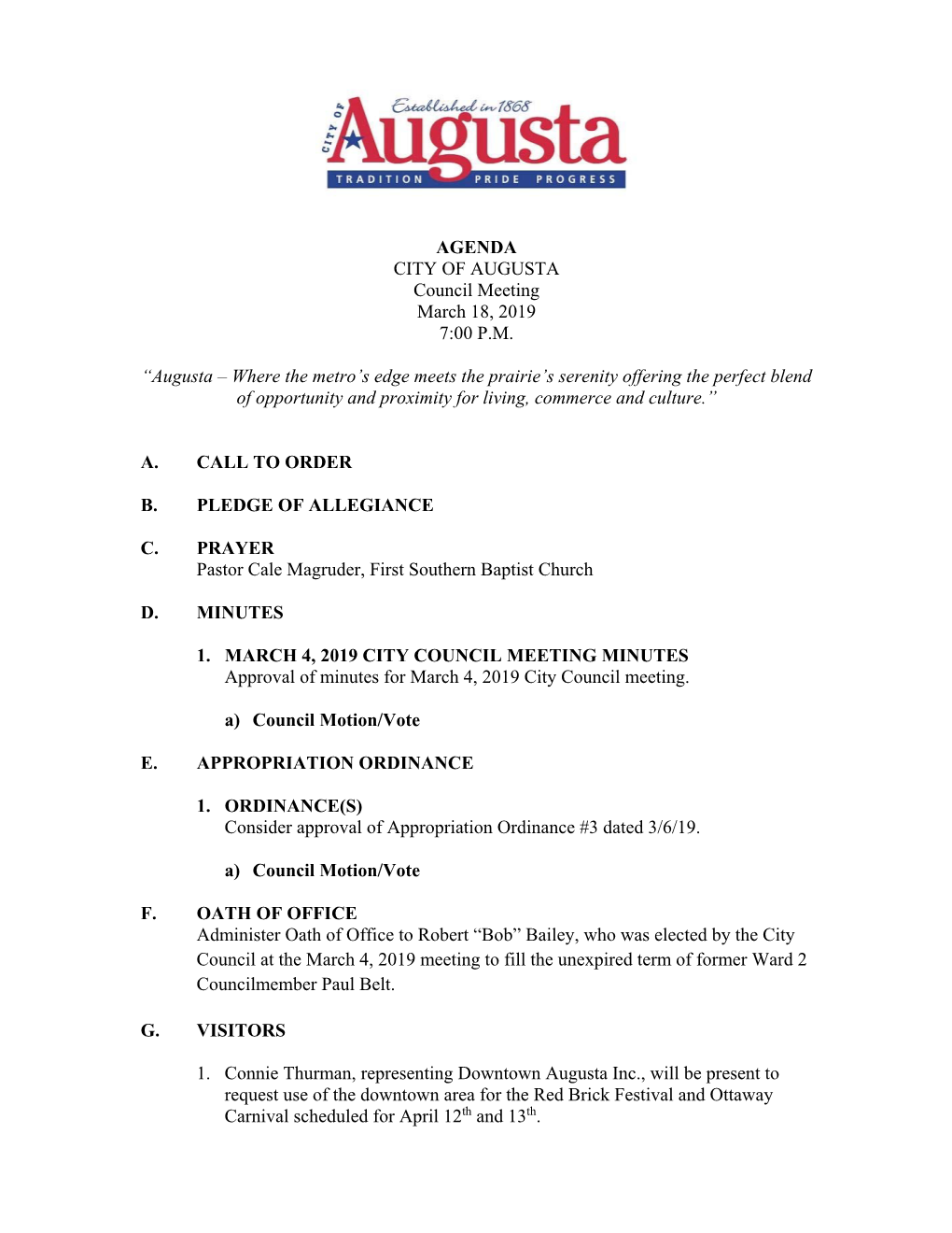 AGENDA CITY of AUGUSTA Council Meeting March 18, 2019 7:00 P.M