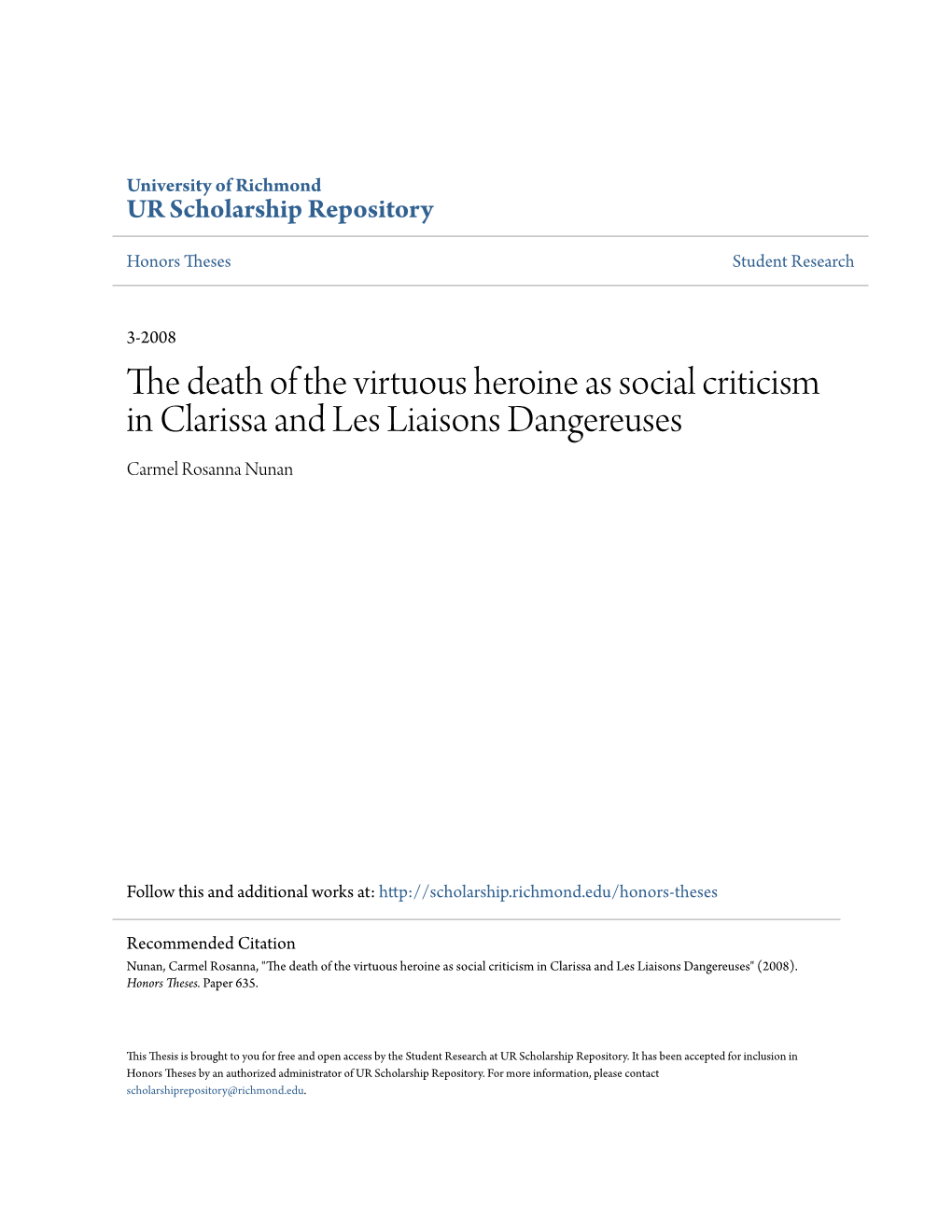 The Death of the Virtuous Heroine As Social Criticism in Clarissa and Les Liaisons Dangereuses Carmel Rosanna Nunan