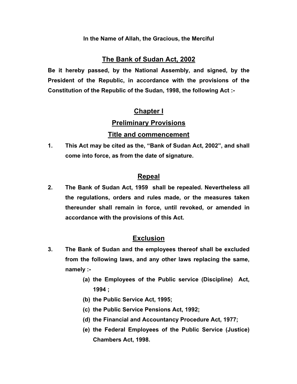 The Bank of Sudan Act, 2002 Chapter I Preliminary Provisions Title And