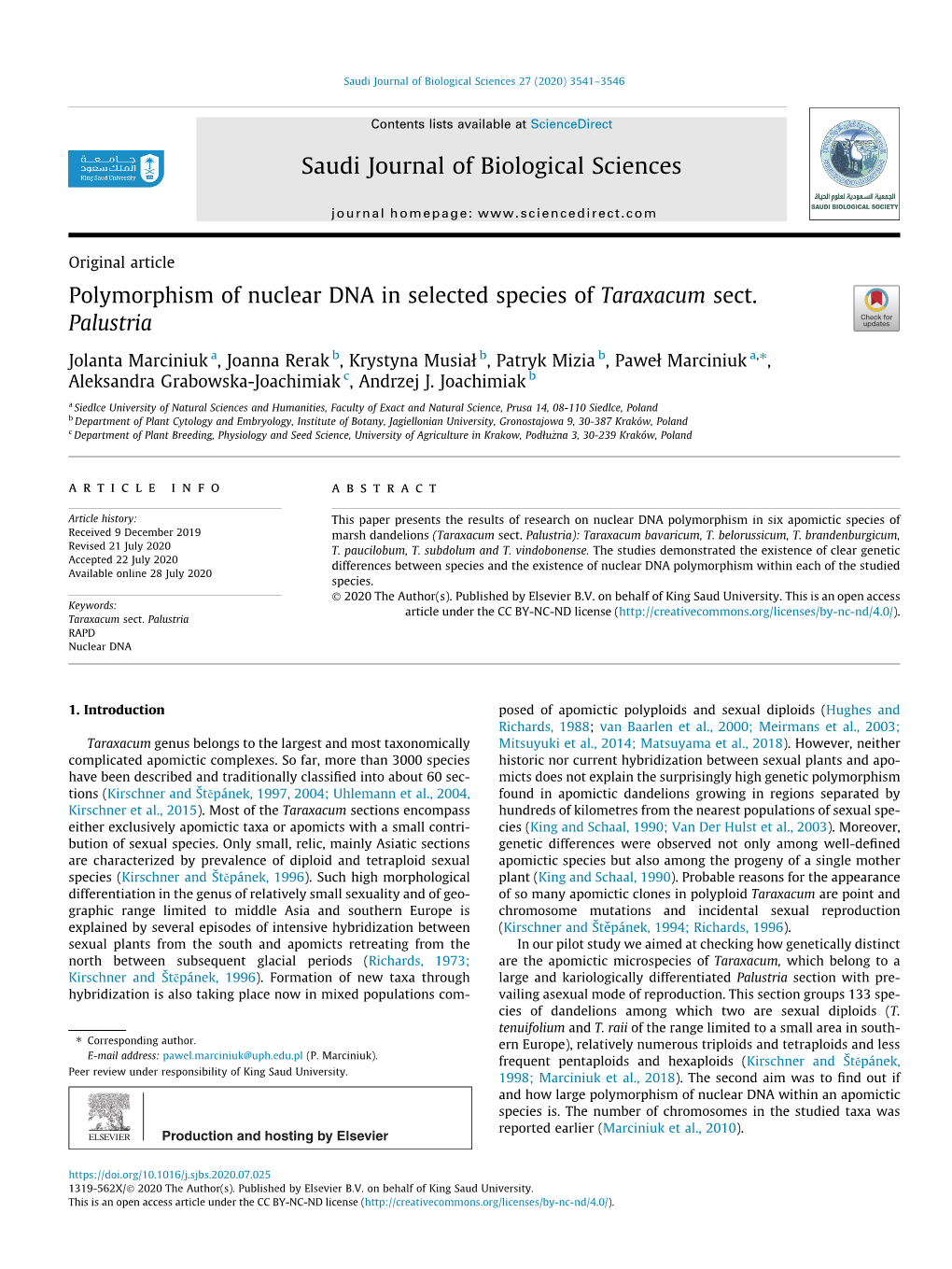 Polymorphism of Nuclear DNA in Selected Species of Taraxacum Sect