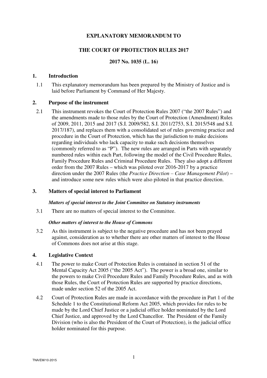 Explanatory Memorandum to the Court of Protection Rules 2017