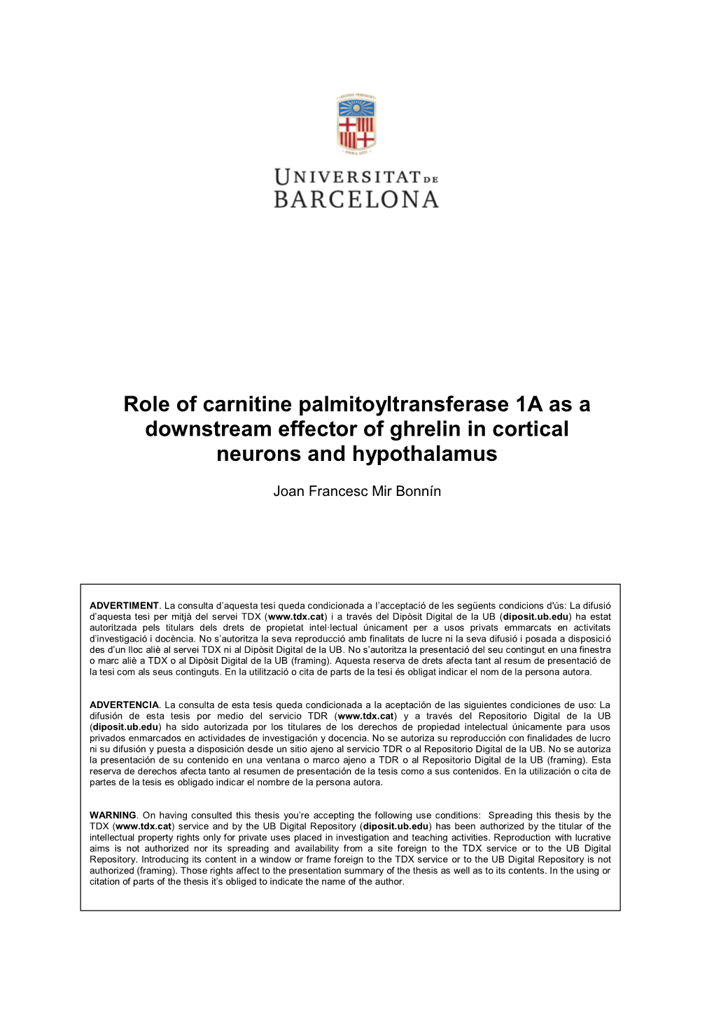 Role of Carnitine Palmitoyltransferase 1A As a Downstream Effector of Ghrelin in Cortical Neurons and Hypothalamus