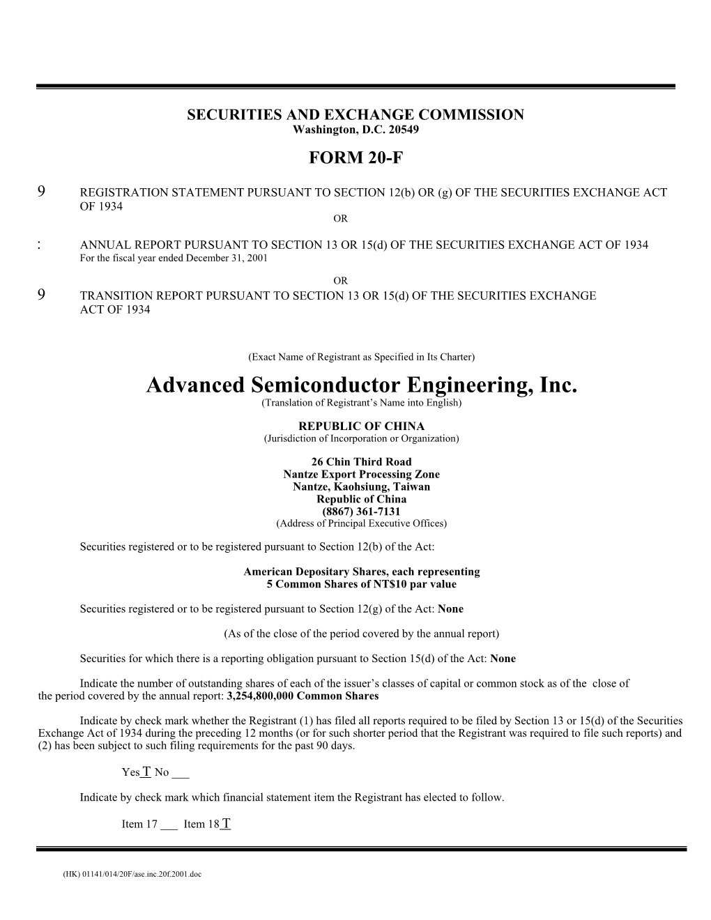 Advanced Semiconductor Engineering, Inc. (Translation of Registrant’S Name Into English)