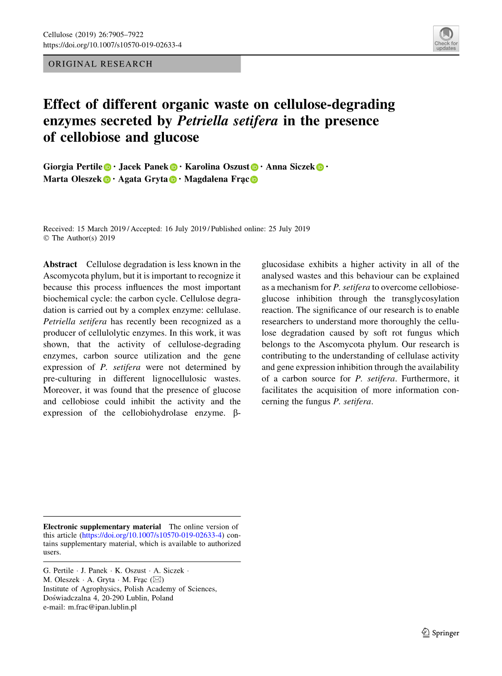 Effect of Different Organic Waste on Cellulose-Degrading Enzymes Secreted by Petriella Setifera in the Presence of Cellobiose and Glucose