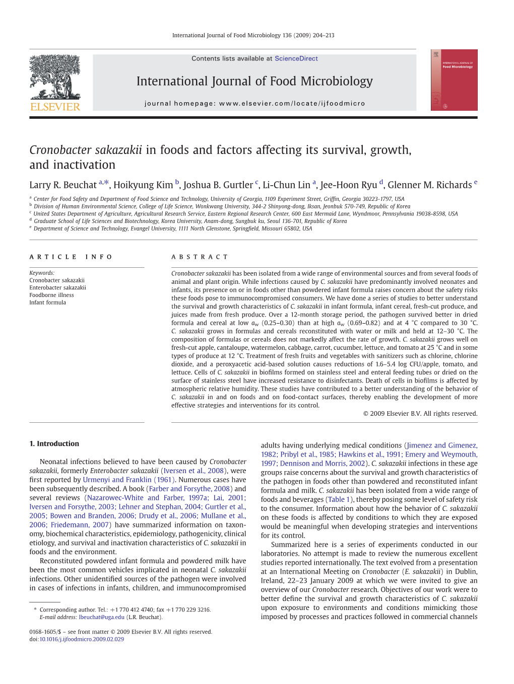 Cronobacter Sakazakii in Foods and Factors Affecting Its Survival, Growth, and Inactivation